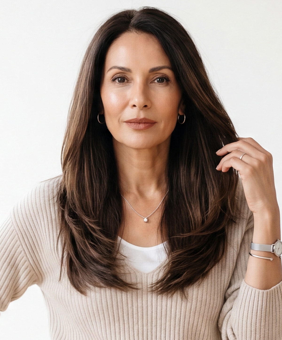 Smiling woman with gray hair and healthy skin