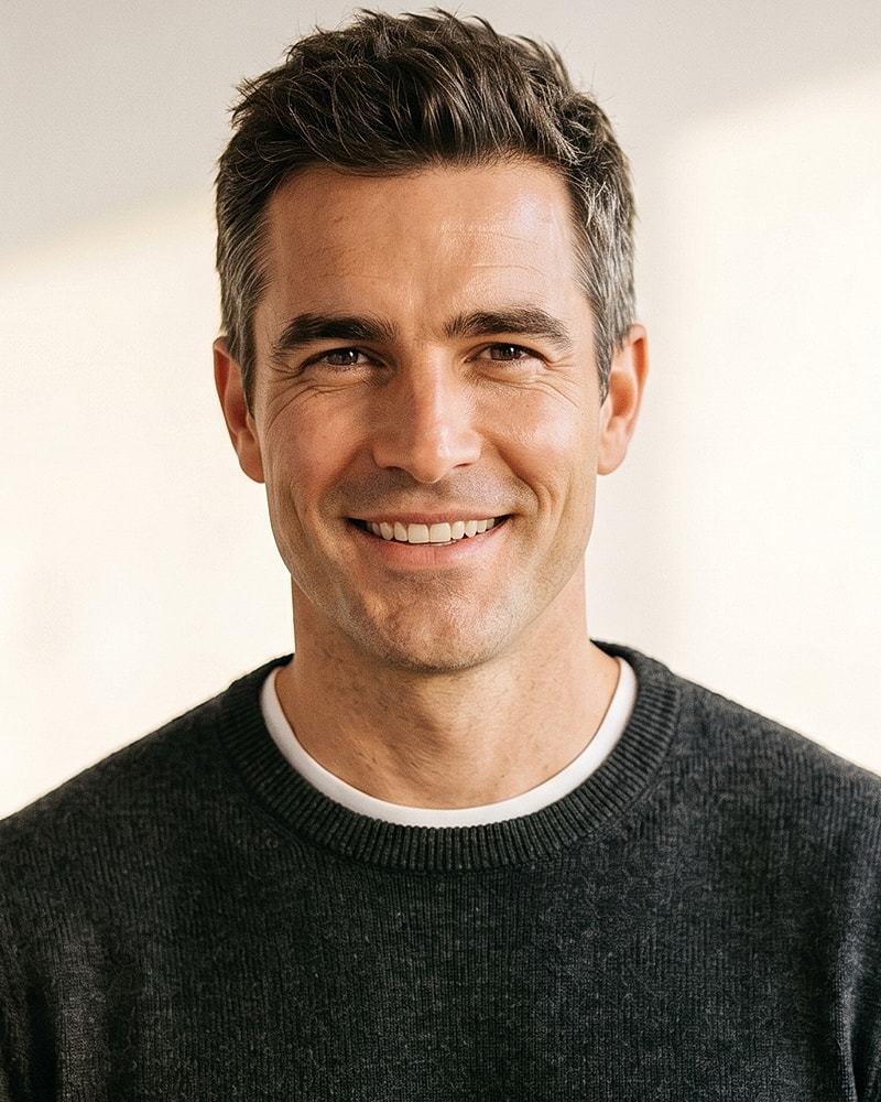 Smiling man in a dark sweater, natural light.