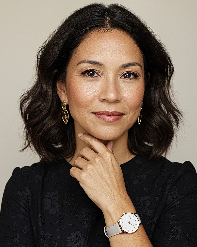 Woman with elegant hairstyle and accessories.