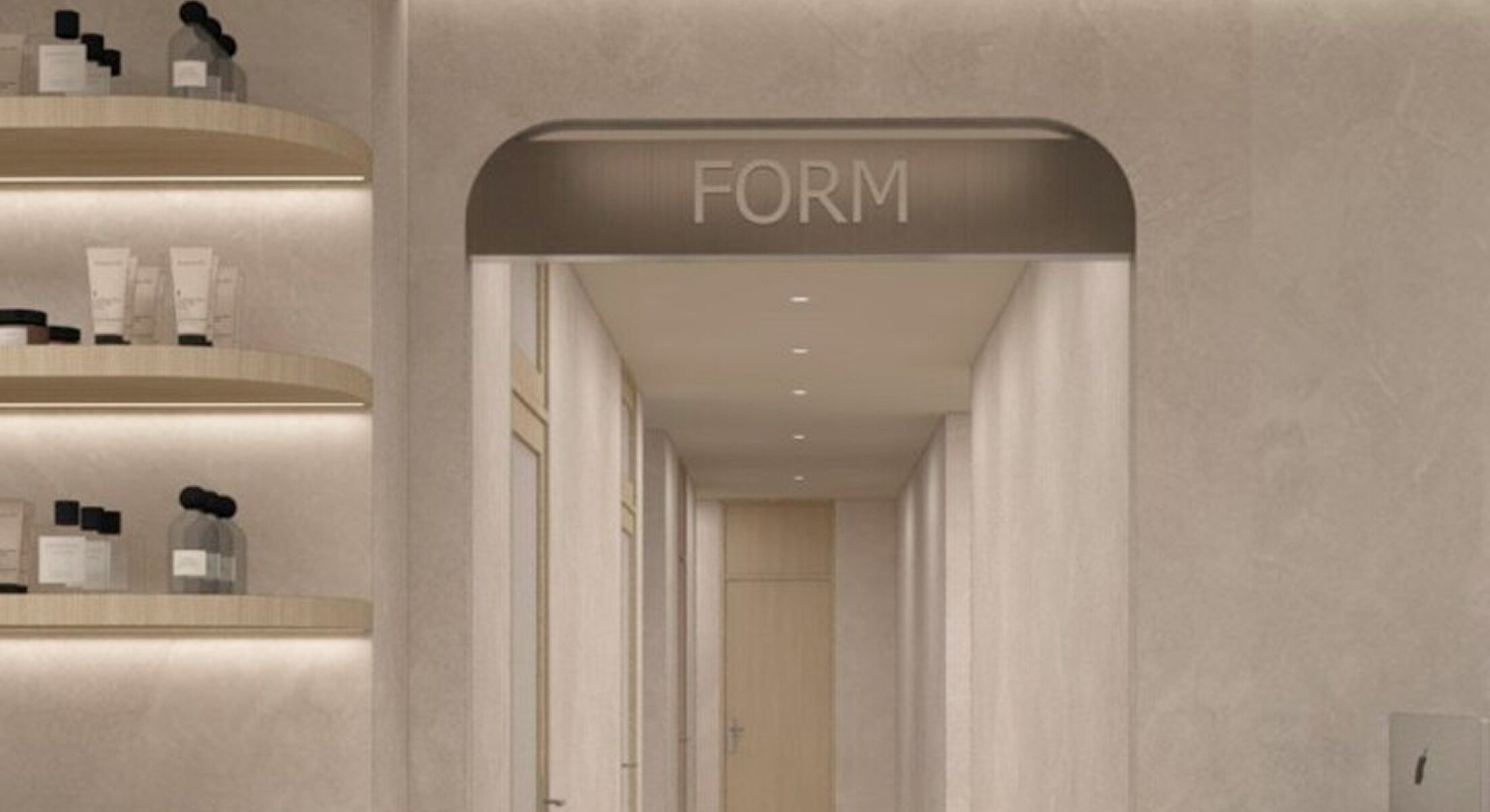 Interior hallway with shelves and "FORM" sign.