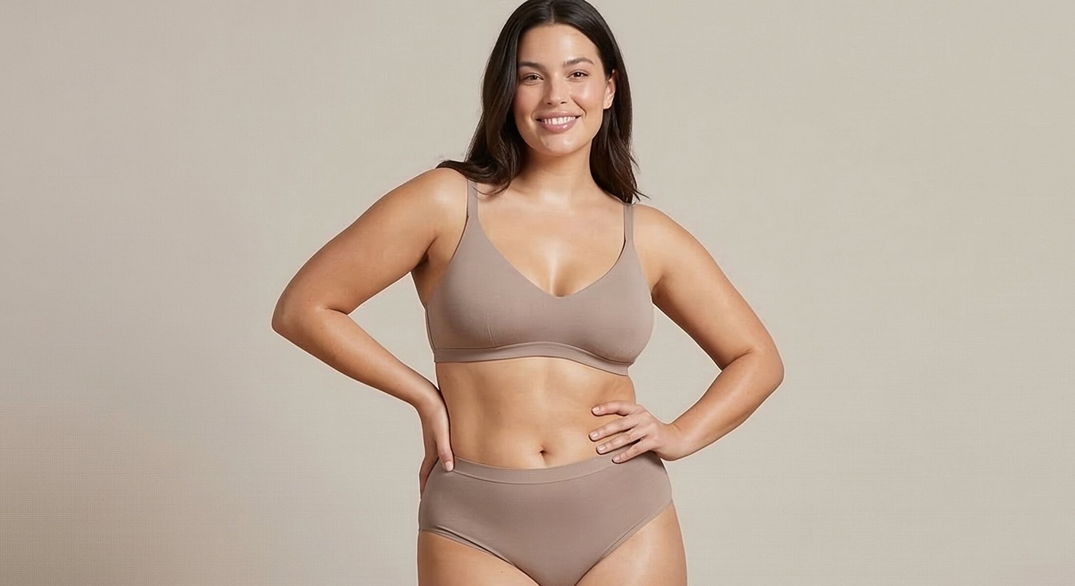 Model wearing comfortable beige underwear set.