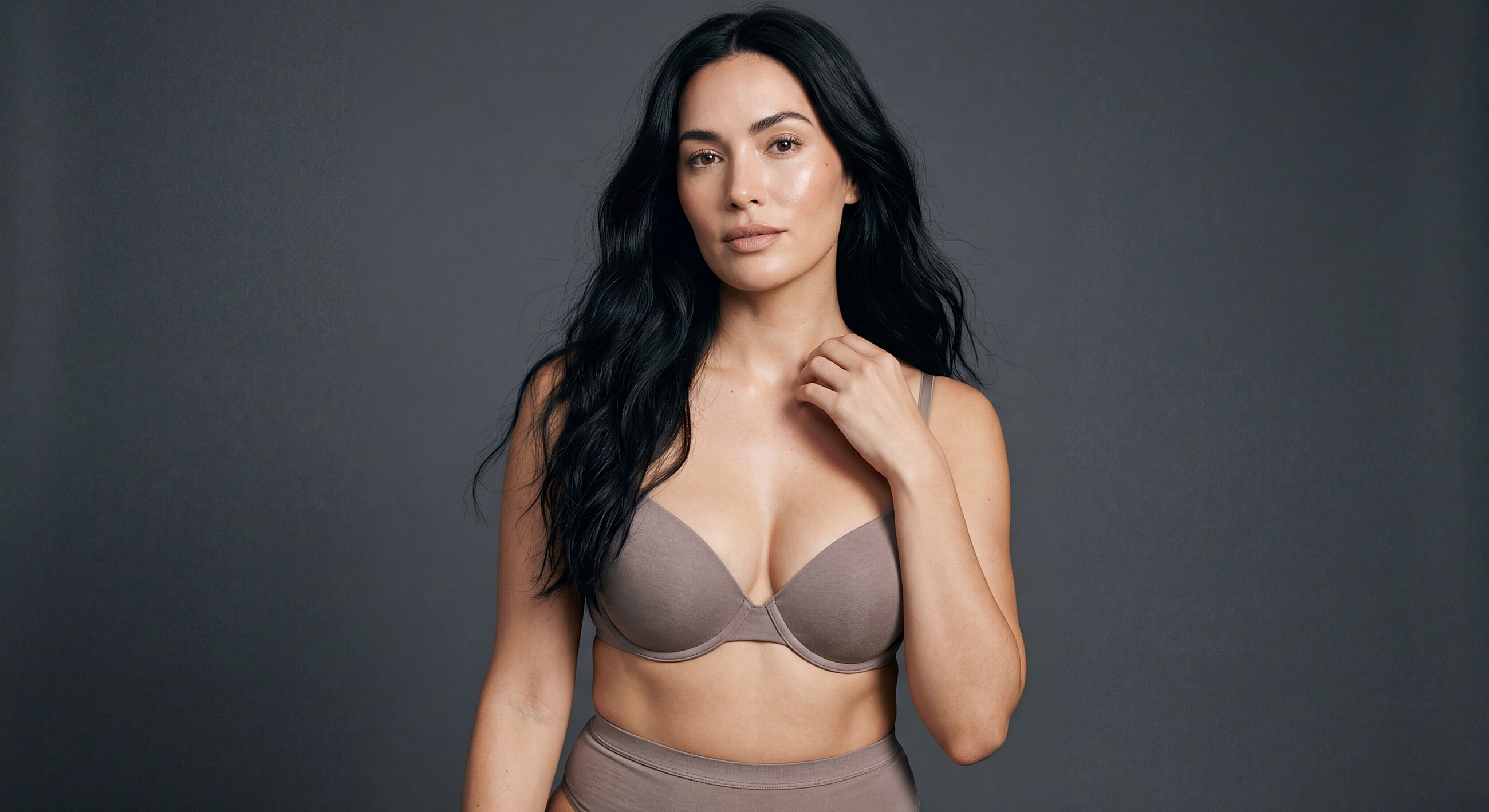 White bra with a plunging neckline.