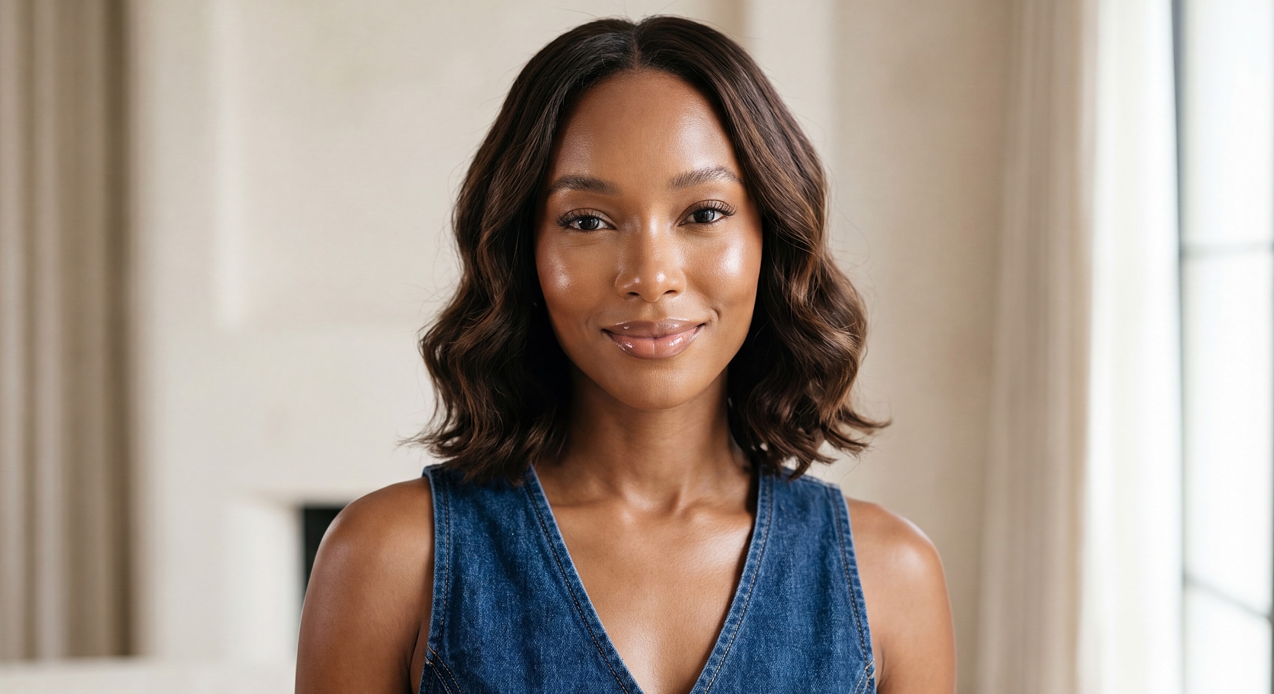 Smiling woman in denim top, natural lighting.